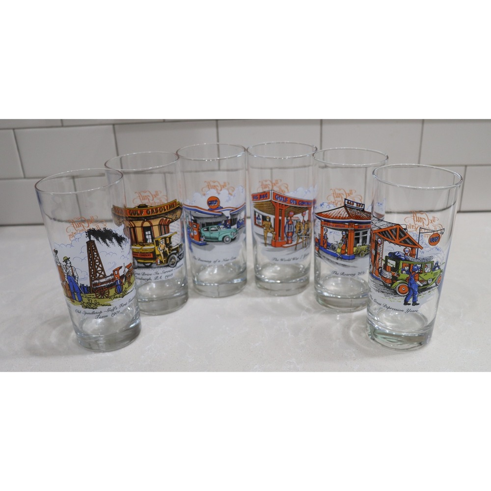 Vintage Gulf Oil Collectors Series Limited Edition Glasses Set of 6 History Gas